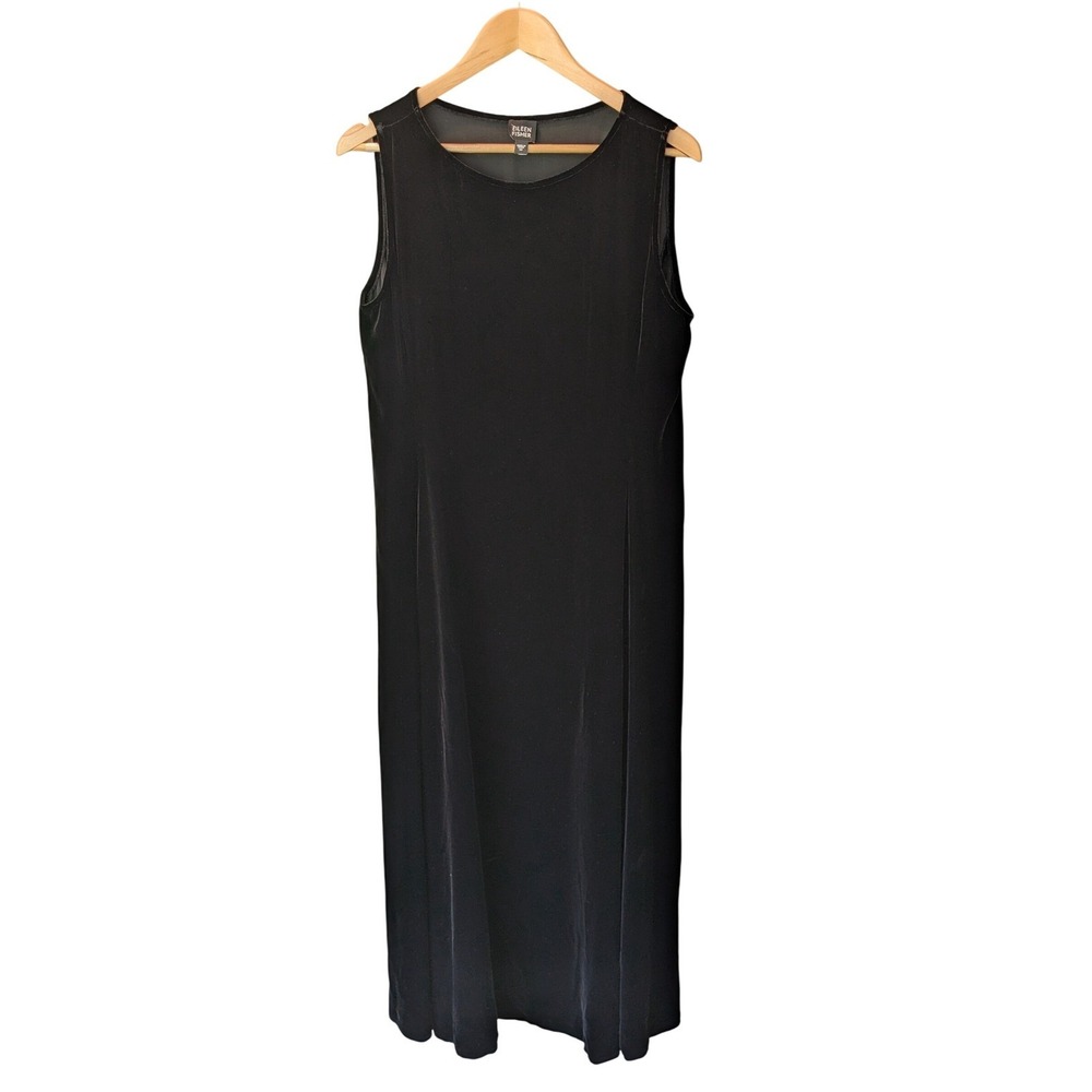 Eileen Fisher Black Velvet Sleeveless Midi Dress Elegant Career Evening Women M